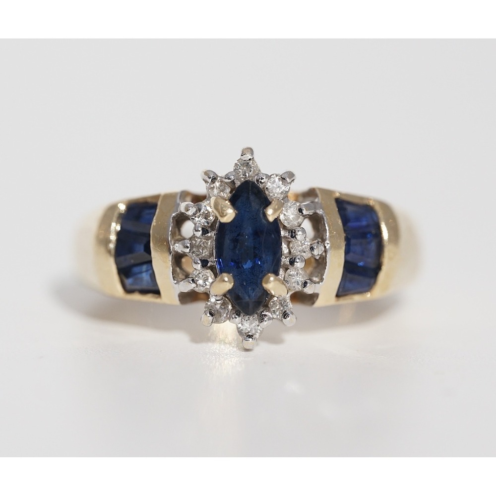 Vintage 14k Solid Yellow Gold Natural Blue‎ Sapphire & Diamond Ring Size 4 Halo - Picture 4 of 10